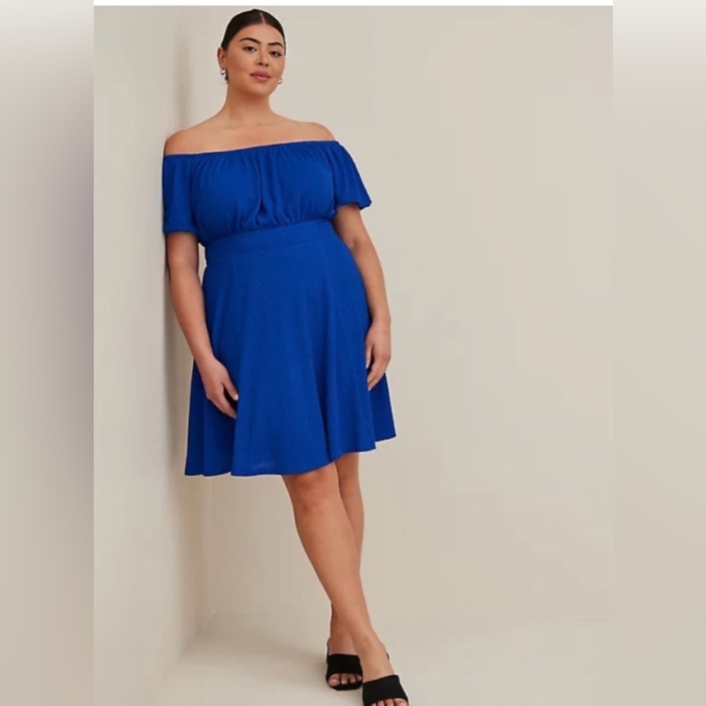 Mini textured knit puffy sleeve skater dress- blue, Torrid